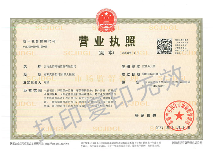 云南塵清環(huán)境監(jiān)測(cè)有限公司營(yíng)業(yè)執(zhí)照